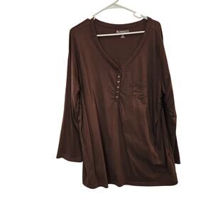 Roaman's 3/4 Sleeve V-Neck Henley T-Shirt Pocket Tee Casual Top Brown Size 1X